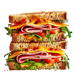 Sticker - Delicious sandwiches featuring ham cheese tomatoes and crisp salad piled between toasted bread showcased against a clean transparent background