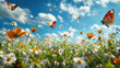 A breathtaking macro shot of a meadow alive with blooming flowers, including chamomile, and graceful butterflies dancing under a sunny blue sky with scattered clouds, the AI