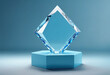Crystal empty podium diamond 3d background display glass jewelry product render blue platform, mockup
