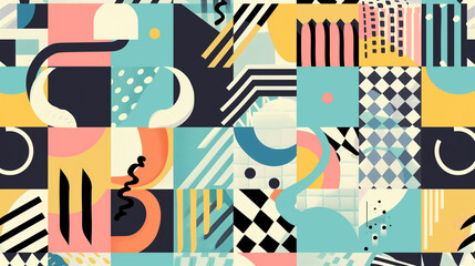 Wall Mural - Background illustration, Seamless geometric pattern in retro 90’s style. Background 90s style with typical colors and shapes.