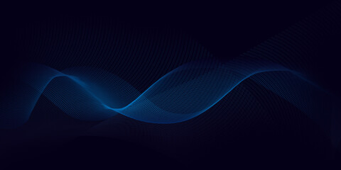 Dark abstract background with a glowing wave. Shiny moving lines design element. Modern purple, blue gradient flowing wave lines. Futuristic technology concept.