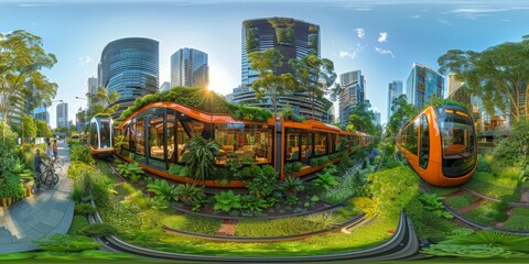 Canvas Print - An immersive 360-degree equirectangular panorama of Melbourne in the future, featuring green corridors and urban forests integrated into