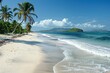 Tropical beach with palm trees and white sand on an island in the Caribbean.