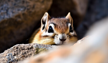 Wall Mural - A curious chipmunk peeking out from behind a rock, its bright eyes filled with wonder.