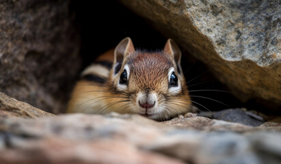 Wall Mural - A curious chipmunk peeking out from behind a rock, its bright eyes filled with wonder.