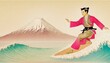 Man in a kimono surfing in the background of Mount Fuji, Japan.
