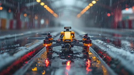 Wall Mural - Capture the excitement of a drone racing competition, as pilots navigate their high-speed drones through a challenging obstacle course with