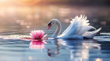   A Swan Swims In The Water, Holding A Pink Flower In Its Beak Its Reflection Mirrors The Scene On The Surface