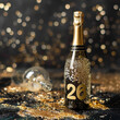 biglietto o striscione per augurare un felice anno nuovo 2025 in oro su sfondo nero con stelle e due flute di champagne 