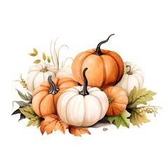 Watercolor autumn composition with pumpkins and leaves. Hand drawn illustration isolated on white background