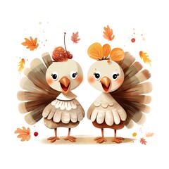 Wall Mural - Two cute cartoon turkey birds with autumn leaves on white background. Vector illustration.