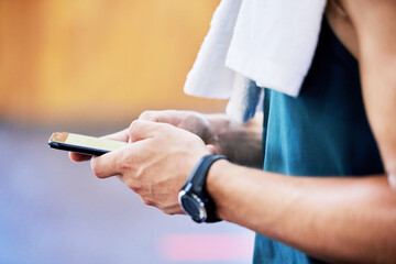 Poster - Gym, hands and man on cellphone, fitness and training in wellness area and texting. Smartphone, workout and sports for exercise and online, health and typing or scroll on social media or internet