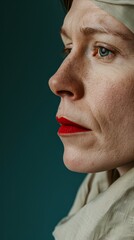 Wall Mural -   A women in close-up, scarf covering her head, red lipstick marking her cheek, gazes off to the side