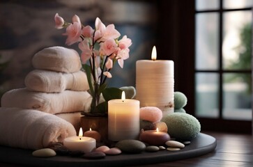 Stunning spa composition by towel, candle and flowers with beauty products