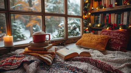 Poster - Set up a cozy reading nook with a soft blanket, a stack of holiday-themed books, and a warm mug of