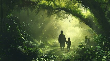 Wall Mural - A father and son entering a lush, green forest