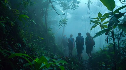 Wall Mural - A group of friends vanishing into a foggy rainforest