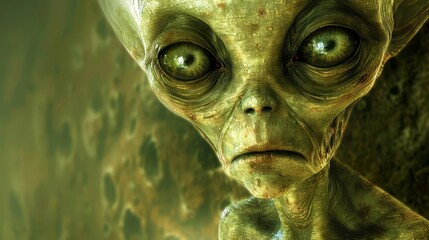 Wall Mural -   Close-up of alien with green eyes, expressing surprise, against green backdrop