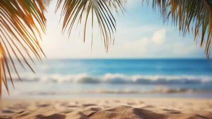 Wall Mural - A beach scene with a palm tree in the foreground and the ocean in the background