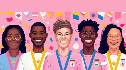 Wall Mural - Joyful illustration portraying the joy and celebration of medal ceremonies at both the Summer and Winter Olympics, with athletes standing