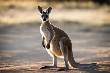 Wall Mural - 'gray kangaroo marsupial animal grey isolated tail white profile gazing paw brown shot adult fur creature ginger baby leg up standing looking zoo side'