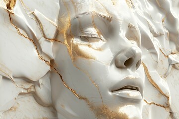 Sculpture of a woman face, incrustation Gold on white marble. Modern style 3D