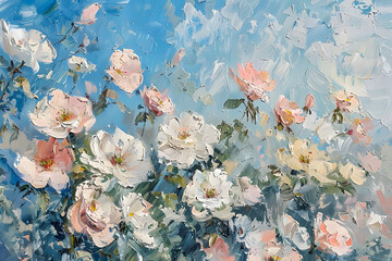 oil painting of white pink wildflowers on blue background