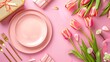Mother day table setting background. Pink Mother's day border flat lay for brunch, lunch, dinner menu, invitation mockup. Beautiful table setting with golden cutlery, tulip flowers. Generative Ai