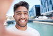 Happy man, portrait and selfie with memory by water, river or pond for travel, picture or photography in city. Young male person or tourist with smile for sightseeing, review or moment in Los Angeles