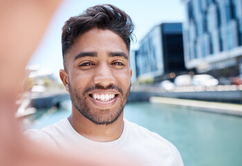 Poster - Happy man, portrait and selfie with memory by water, river or pond for travel, picture or photography in city. Young male person or tourist with smile for sightseeing, review or moment in Los Angeles