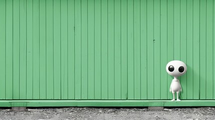 Wall Mural -   A tiny white alien faces a green wall, its single black eye prominent atop its head