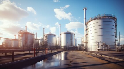 Hydrogen power plant features extensive steel tanks and interconnected pipes, embodying advanced energy infrastructure.