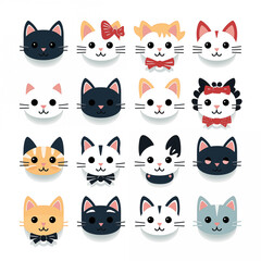 Naklejka na meble set of cat heads logo on white background, clipart bundle kawaii cats cute and funny 2d flat lay animals