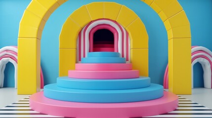 Wall Mural -   A vibrant room with blue and yellow walls features a set of stairs adorned with pink and blue hues Here, archways add character to the scene