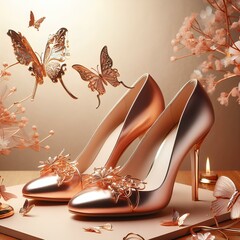 generic stylish ladies high heels shoes in glossy rose gold finish and butterflies on display with copy space on top.