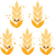 Ears of wheat characters collection. Cute emoji cartoon cereal plants barley. Cute wheat or barley characters at the farm. Vector Illustration