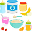 Baby and toddler food, milk and juice. Cereal, fruit and vegetable puree, formula milk, kids and baby yogurt. Vector illustration collection