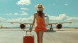 © YURIMA - Carried away by the anticipation of an unforgettable vacation, a woman carries her suitcase under wings of airplane, ready to go on journey that will fill her life with bright moments and adventures