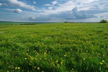 An expansive green field is dotted with wild yellow flowers under a cloudy sky