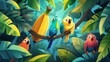 A bashful banana shyly peeks from behind a curtain of leaves, as colorful birds perch and tweet melodious tunes a serene and delightful cartoon concept