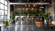 Stylish Modern Laundromat with Industrial Decor and Green Plants. A Cozy Urban Laundry Space with Comfortable Seating. Chic Washing Area for City Dwellers. AI