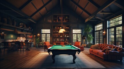 interior of luxury recreation room with pool table with armchairs.AI generated image