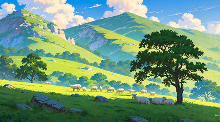 Wall Mural - Meadow landscape with mountains and a flock of sheep, watercolor art painting.