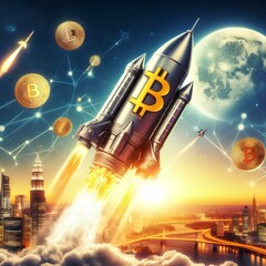Wall Mural - bitcoin price as a rocket to the moon for digital assets and crypto price increase concepts.