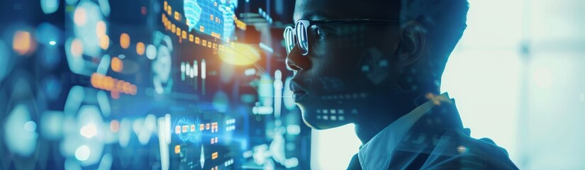 R&D centre image with portrait of engineers wearing protection glasses researching new energy sources Woman immersed in virtual reality tech, with a background hinting at futuristic interfaces