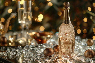 A tabletop arrangement featuring a bottle of champagne surrounded by scattered diamonds, evoking a sense of celebration and luxury 