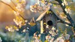 Birdhouse in spring with blooming cherry blossoms, two birds flying to their home