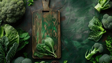 Canvas Print - Fresh broccoli and cabbages on a green backdrop with a wooden board