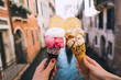 Delicious gelato or ice cream in waffle cone in Venice Italy.