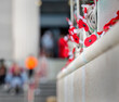 Red poppies on a wall. Unrecognizable people gathering for Anzac Day commemoration. Auckland. New Zealand.